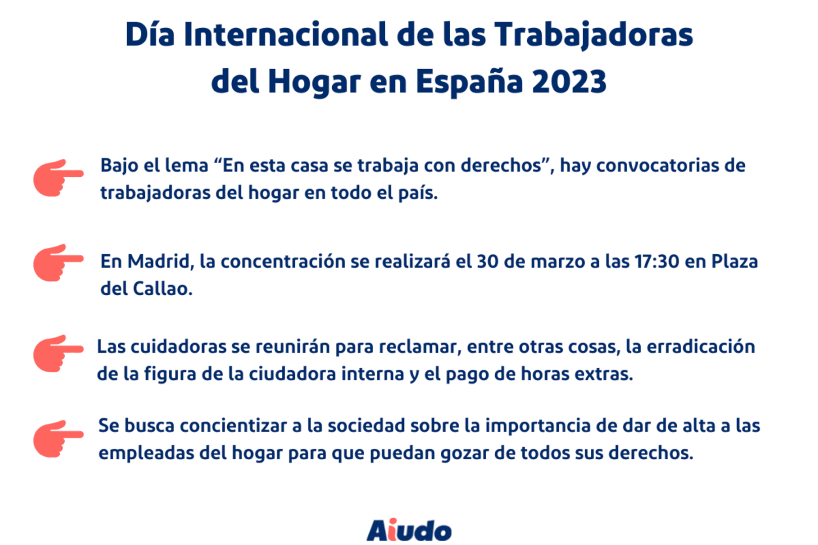 Infografía explicando los principales puntos del Día Internacional de las Trabajadoras del Hogar en España 2023, como por ejemplo las convocatorias de las trabajadoras del hogar en Madrid.